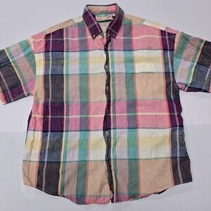 Vintage BERMUDA DUNES Womens Plaid Short Sleeve Button Up Shirt Size L Cotton